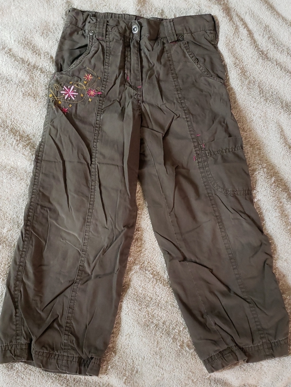 Girls Casual Olive Cargo Pants with Pink Embroidery